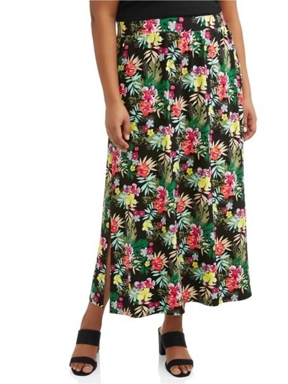 Terra & Sky Women's Black Floral Tropical Maxi Skirt 1X 16W 18W